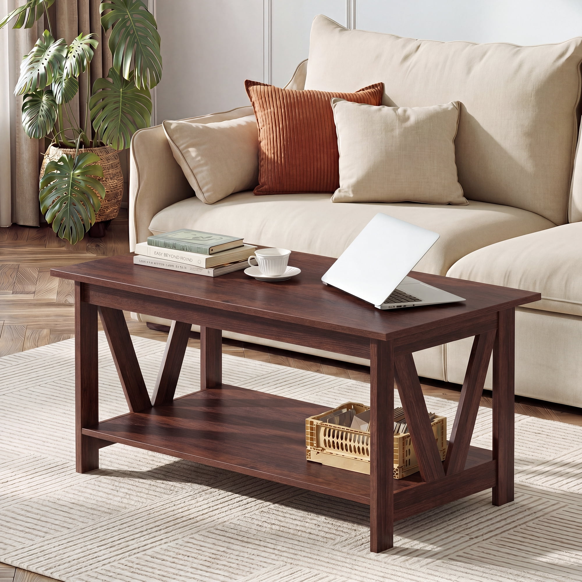 GALAXHERO 39.4" Coffee Table with Storage Shelf Farmhouse Coffee Table with V-Frame Support 2-Tier Wood Rustic Center Table for Living Room, Bedroom & Balcony, Espresso