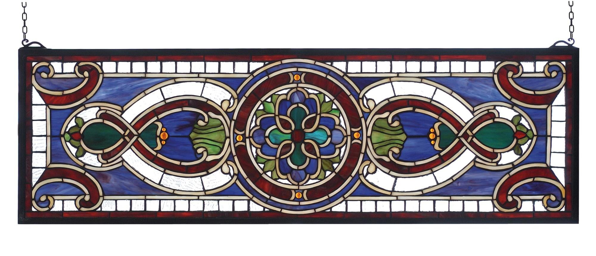 36" Wide X 11" High Evelyn in Lapis Stained Glass Window