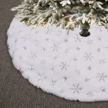 Viworld 48 Inch Christmas Tree Skirt, Snowy White Faux Fur Tree Skirt Mat for Xmas Indoor Holiday Home Party Decorations, Silver