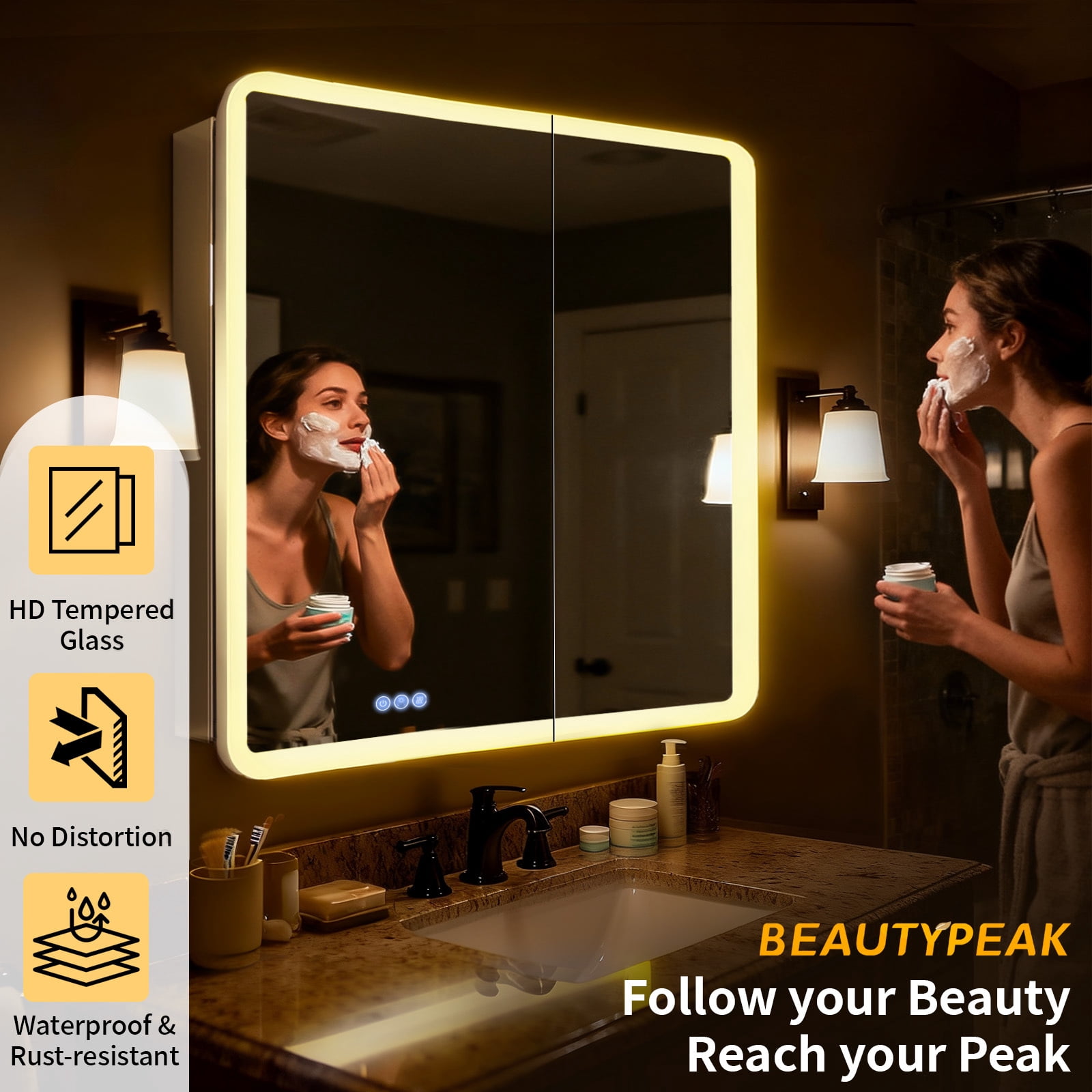 BEAUTYPEAK 36" x 32" Bathroom LED Mirror Medicine Cabinet with Storage Adjustable 3 Color Temperature