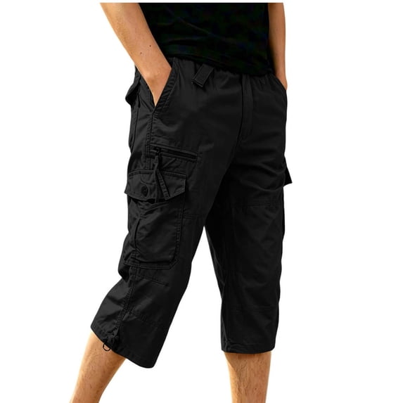 Ciovxyn Men's Casual Cargo Capri Pants with Multi-Pocket and Elastic Waist - Black L