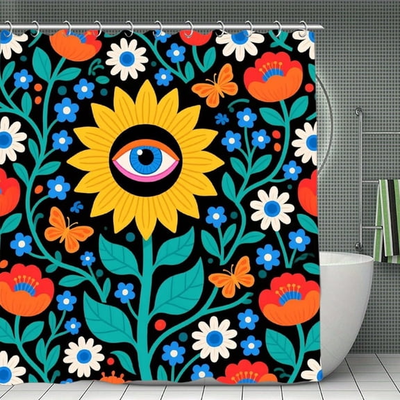 Floral Yellow Orange Print Shower Curtain,Modern Fabric Waterproof Shower Curtain Set with Hooks 70.8×70.8Inch (180×180cm)