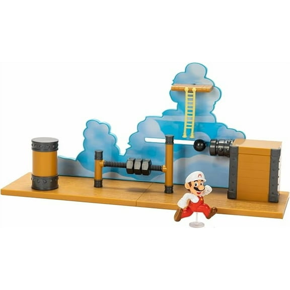 Super Mario Deluxe 2.5in Bowser's Air Ship Playset with Fire Mario Action Figure, Rope Ladder and Screw-Bolt Obstacles