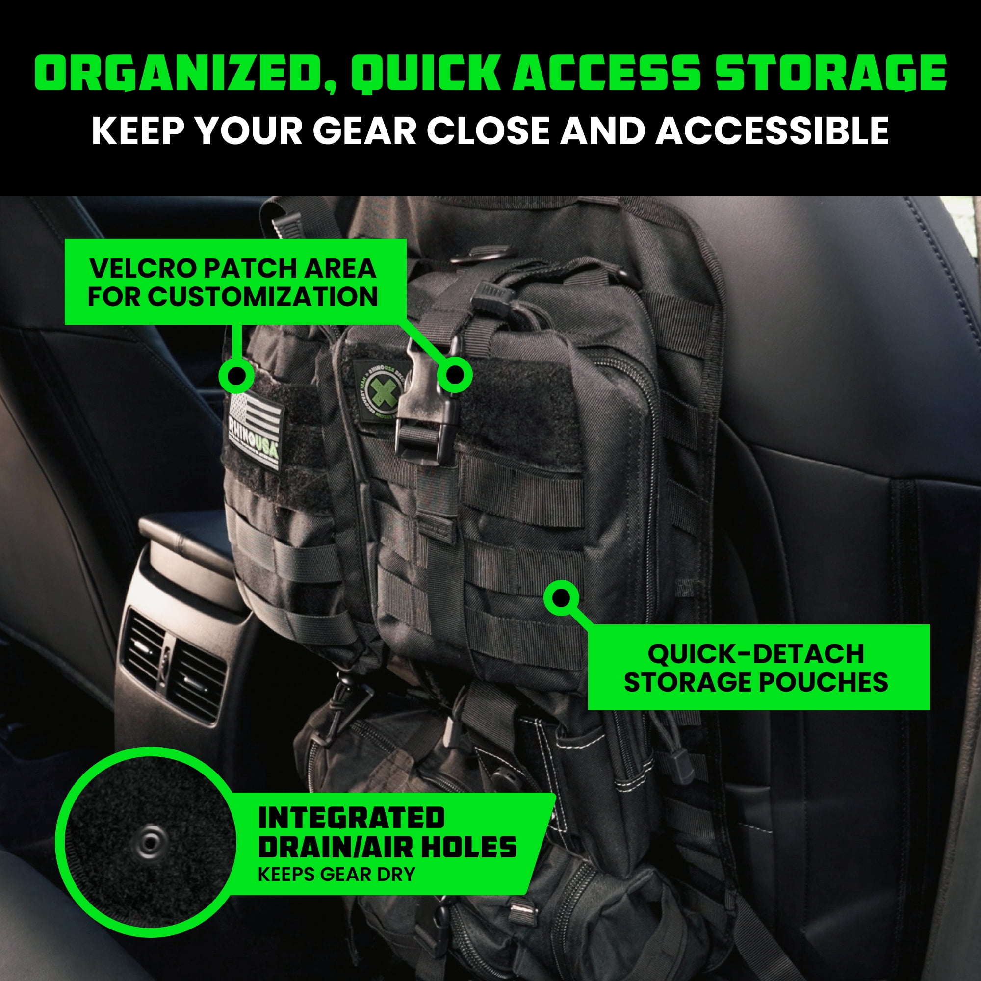 Rhino USA Tactical Car Seat Organizer w/ Multiple Pockets & Car Accessories for SUV, Truck, Car (Black)