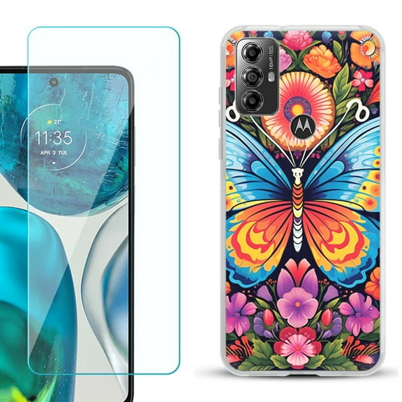 OneToughShield ® for Motorola Moto G Play 2023 Shockproof Fashion Phone Case, with Tempered Glass Screen Protector - Butterfly Garden