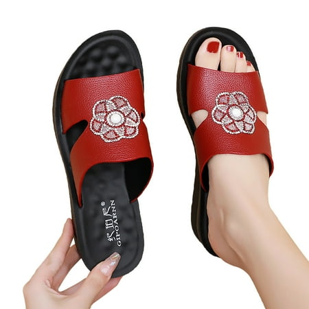 

ZHAGHMIN Flat Bottom Women Slippers Summer Pu Leather Flower Soft Sole Anti-Slip Slippers Womens Rhinestone Wedge Hollow Vintage Sandals Red Size8