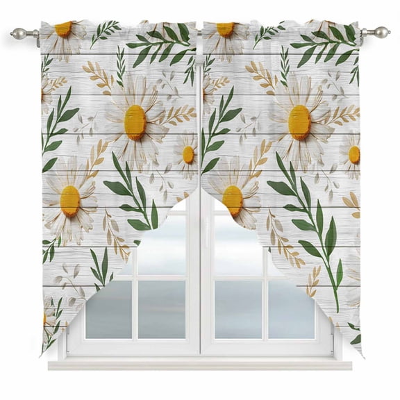 Spring Daisy Swag Curtains for Kitchen/Bedroom/Living Room, Farmhouse Country Flower Leaf Plant Wood Grain Scalloped Curtains 63 Inch Long, Window Swag Topper Curtains Valances 2 Panels Set 36"x63"