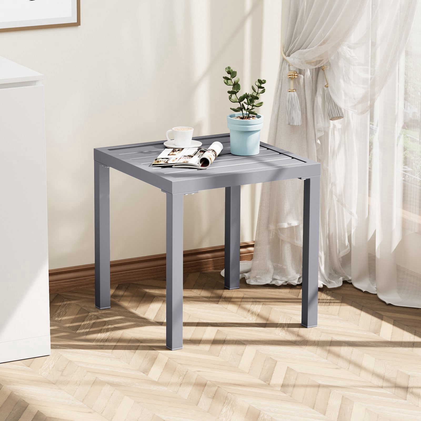 Pellebant 16" Outdoor Side Table Set of 2, All-Weather Square Metal Patio End Table for Garden, Porch, Deck, Backyard, Grey