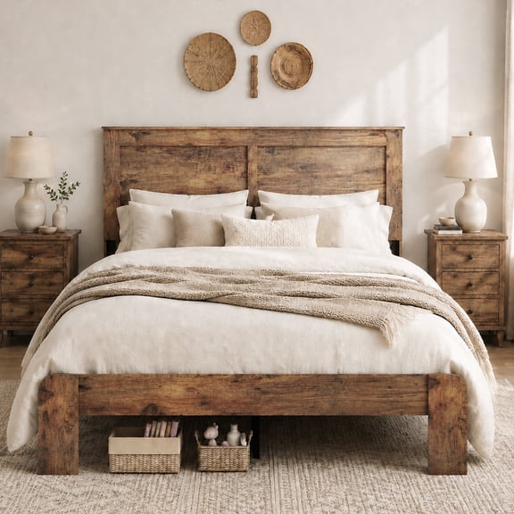 Queen Bed Frame for 800lbs Weight Capacity, Farmhouse Wooden Queen Platform Bed with Headboard, Wood Slat Support, No Box Spring Needed, Easy Assembly, Dark Brown
