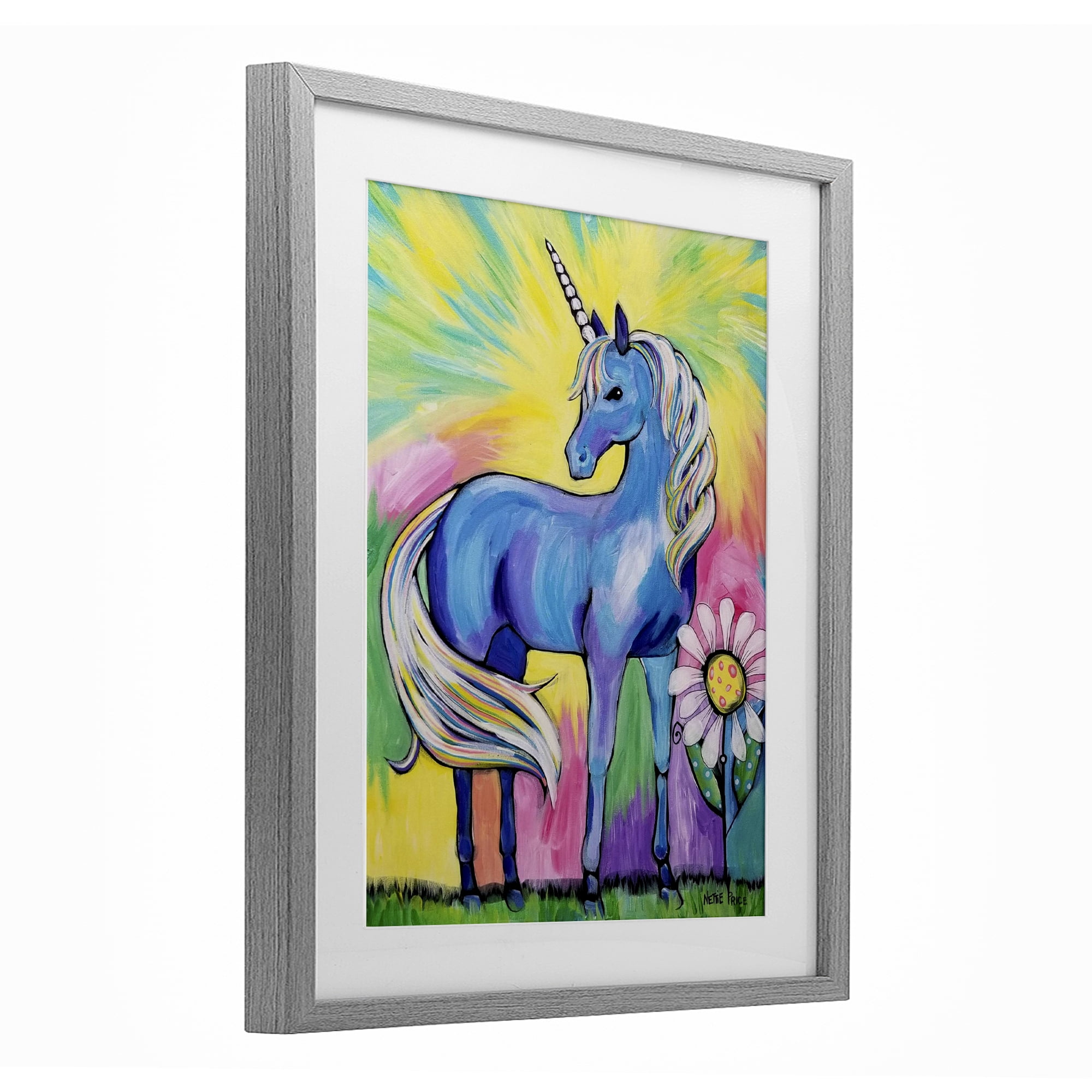 Stupell Industries Magical Unicorn in Rainbow Meadow Gray Framed Print Under Glass, design by Nettie Price