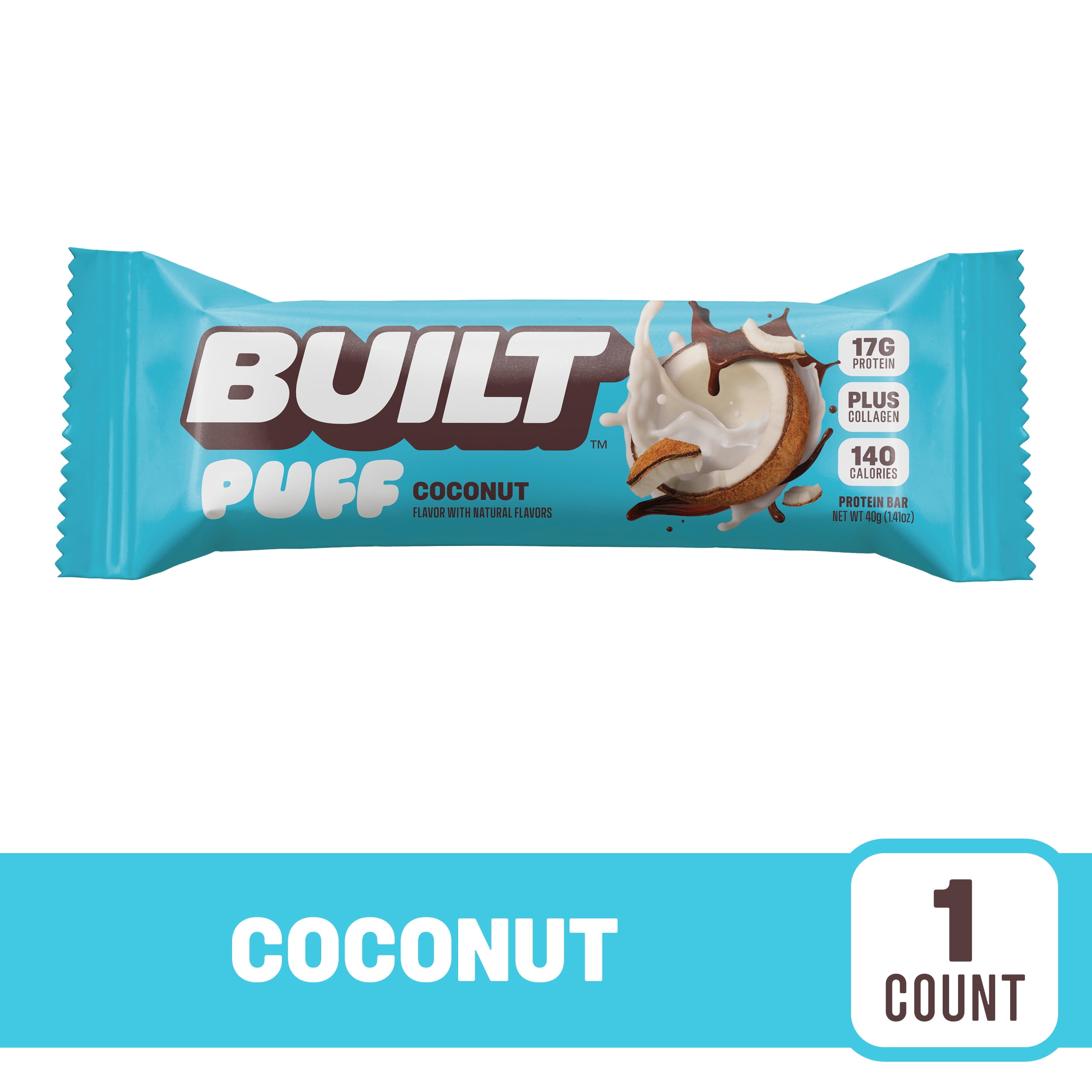 (2 pack) BUILT Puff Protein Bar, Coconut, 17g Protein, Collagen, 140 Calories, Single 1.41 oz Bar