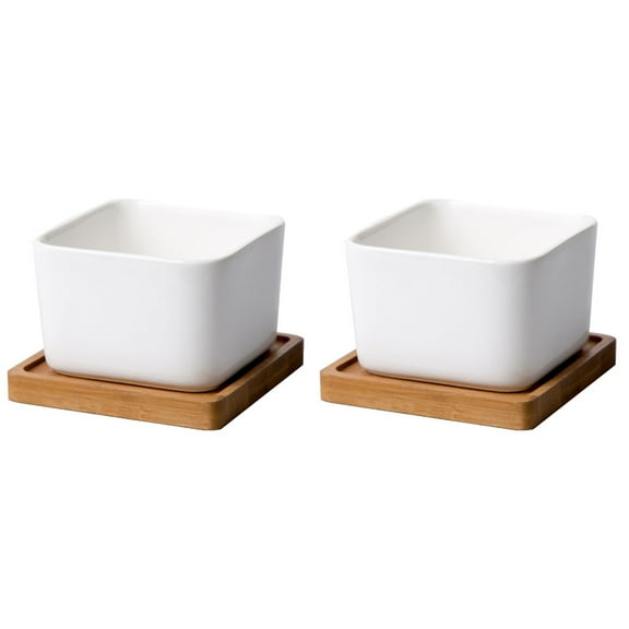 BERTDOMD 2pcs Square Ceramic Flowerpot Durable Flower Pot Simple Planter Creative Ceramic Basin With Bamboo Tray for Succulent Plants Garden Home