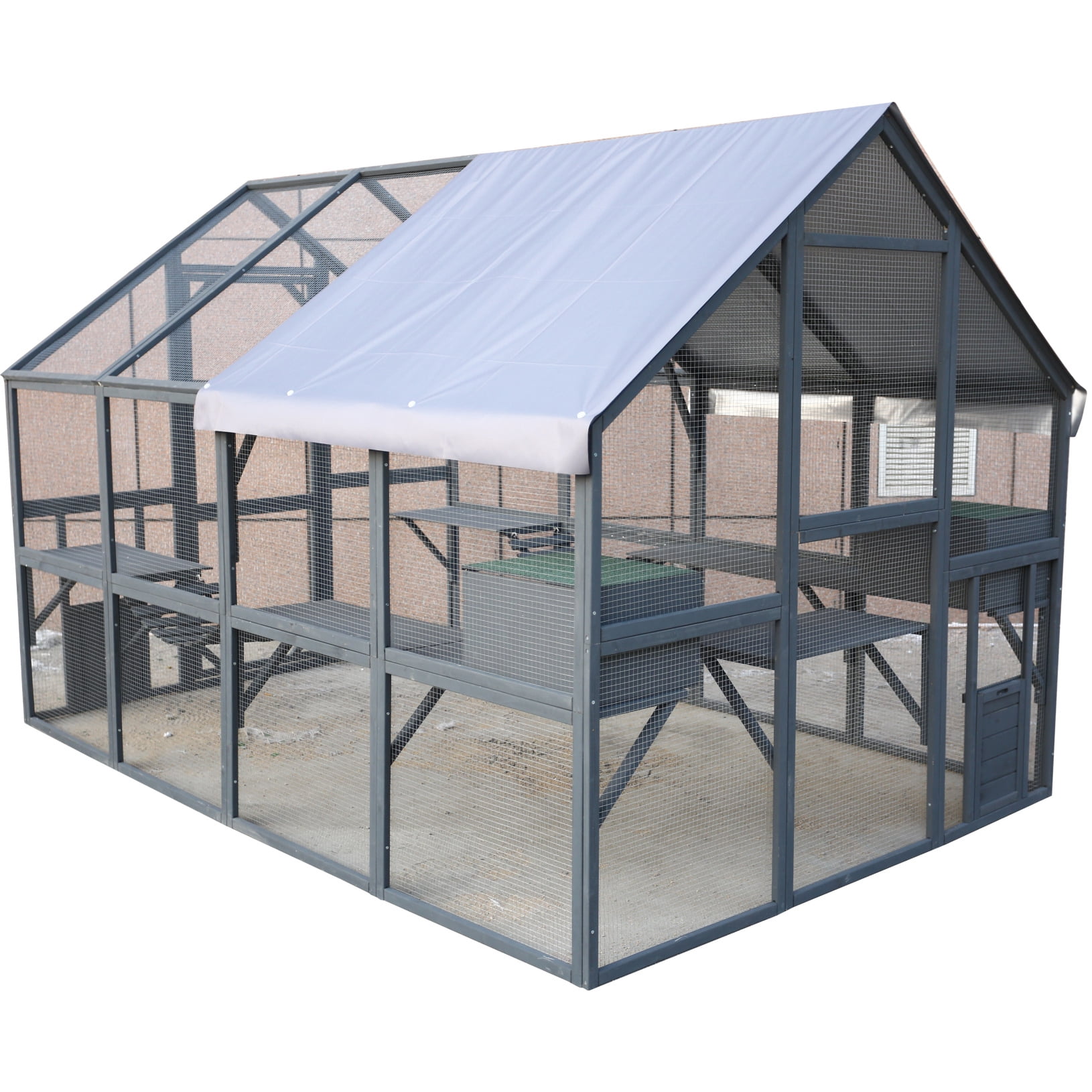 Large Outdoor Cat Enclosure Wooden Catio with Bridges, Walks, Small Houses, Roof Cover 110 Inch Gray
