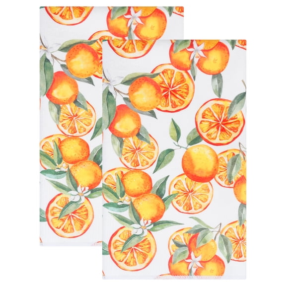 REGALWOVEN 2 Pack Printed Kitchen Towels, Super Absorbent Soft Microfiber Dish Towels Orange 24" x 16"