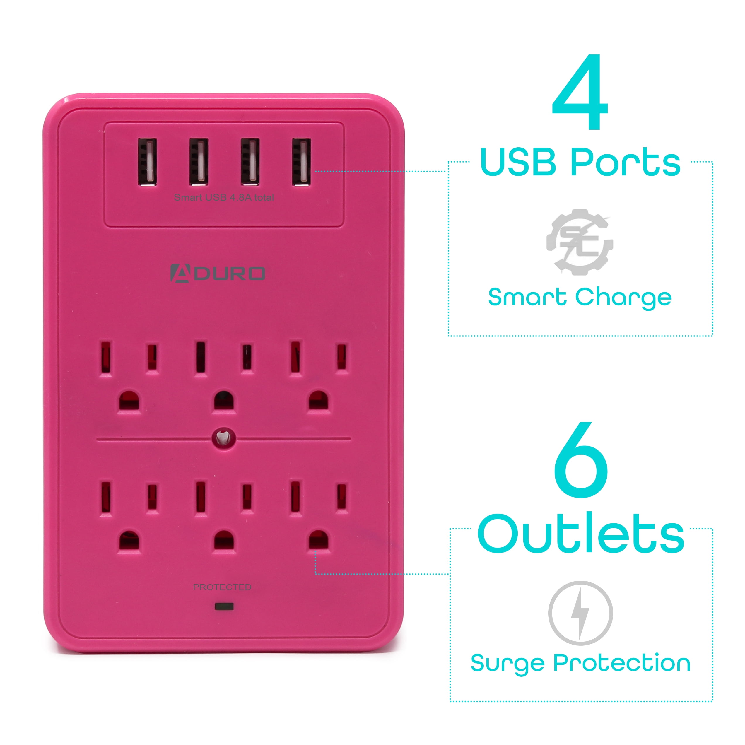 Aduro Surge Protector 6 Outlets Power Strip Station with USB (4 Ports 4.8A) Wall Mount Multiple Outlet Splitter Extender Adapter with Phone Shelf Stand ETL Listed Pink