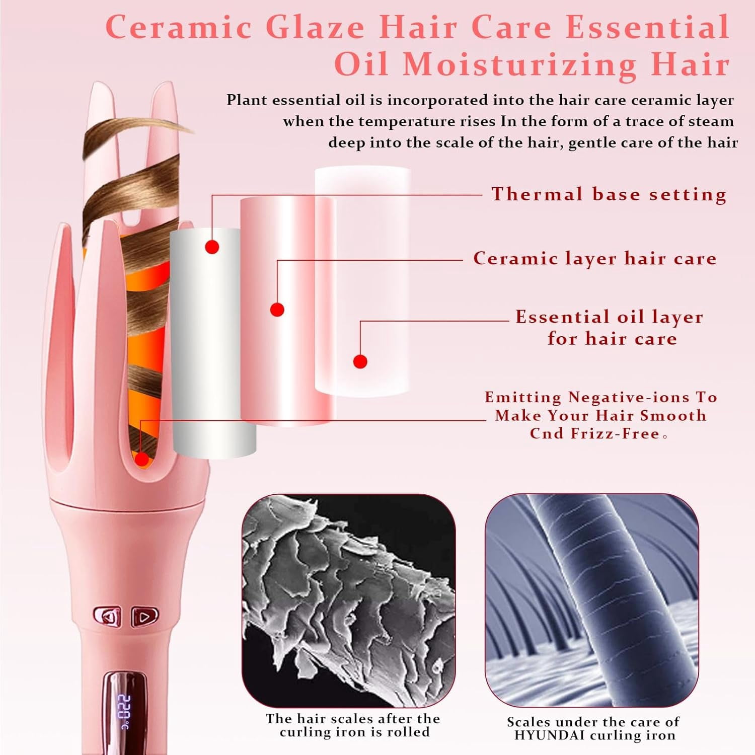 Automatic Hair Curler, Professional Auto-Rotating Curling Iron with 1 1/4 Inch Ceramic Barrel, 4 Adjustable Temperature Settings, Anti-Tangle & Anti-Scald Design for All Hair Types,pink
