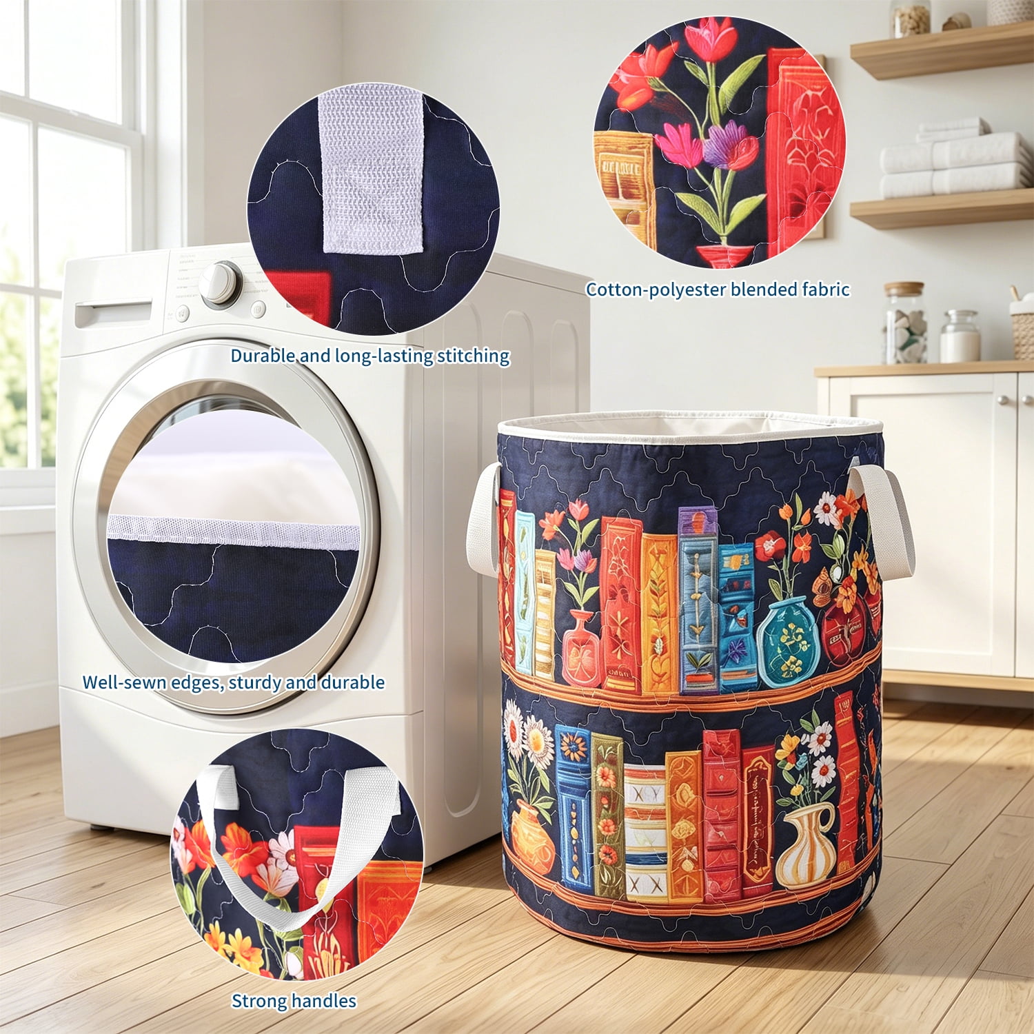 Yucurem Boho Fabric Floral Storage Hamper with Handle, Quilted Laundry Basket for Nursery Bedroom Laundry Room Clothes Toys (Bookshelf)