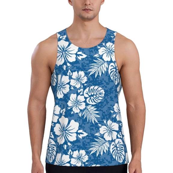 Workout Tank Tops for Men - Hawaiian Style White Blue Quick Dry Sleeveless Muscle Shirts for Men with Running