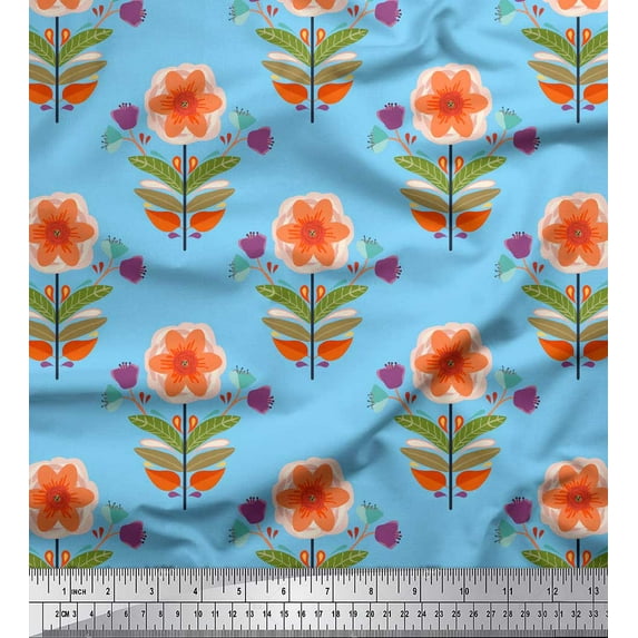 Soimoi Blue Cotton Duck Fabric Leaves & Flower Print Fabric by Yard 42 Inch Wide