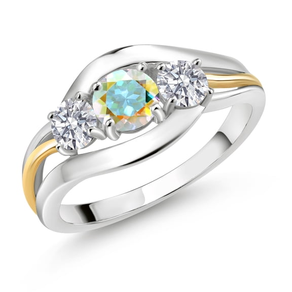 Gem Stone King 925 Sterling Silver and 10K Yellow Gold Round Mercury Mist Mystic Topaz and White Lab Grown Diamond 3 Stone Ring for Women (1.09 Cttw, Available in Size 5, 6, 7, 8, 9)