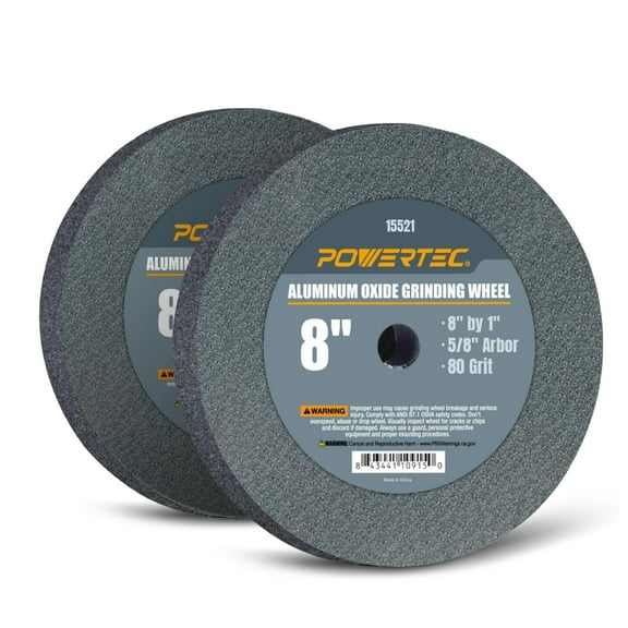 POWERTEC 2PK Aluminum Oxide Grinding Wheel 80 Grit, 8" x 1" with 5/8" Arbor (15521-P2)