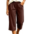 thumbnail image 3 of Mifsaly Loose Capri Pants for Women Button Hem High Waist Cropped Trousers with Pockets Soft Lightweight Casual Summer Vacation Capris Brown,M, 3 of 6