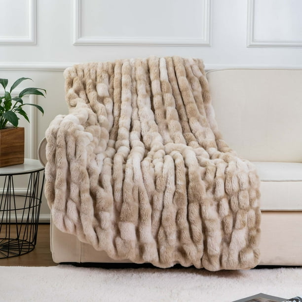 BATTILO Ruched Luxury Faux Fur Throw Blanket Beige Tiedye Rabbit Fur
