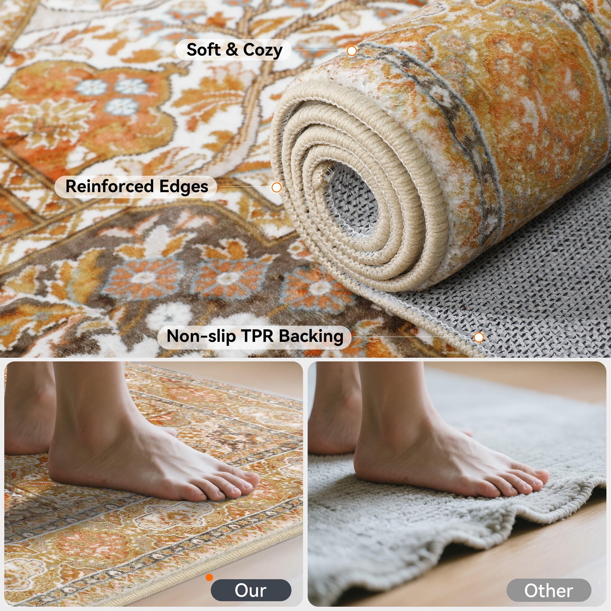 Lalado 8ft x 10ft Area Rugs for Living Room Washable Rugs Boho Floral Carpet Soft Low Pile Non-Slip Rug for Bedroom Dining Room Indoor Vintage Home Decor, Brown