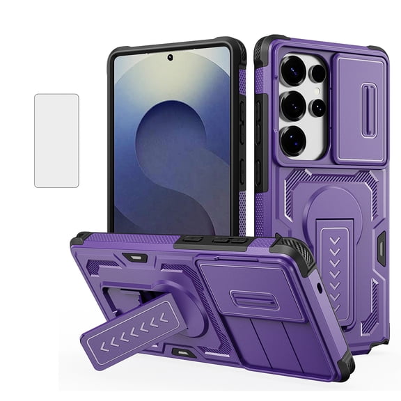 Allytechgroup Case for Samsung Galaxy S25 Ultra with Screen Protection, Built-in Slide Camera Cover Kickstand Shock-Absorbent Non-Slip PC TPU Military Grade Drop Protection, Purple
