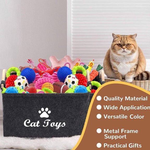 Cat toy Storage, Pet Cat Supplies, 12X8 in, Felt Material, Paw Print design, Pet Organizers and Storage, Black Baskets for Organizing, Baskets with Handles, 1 Pc