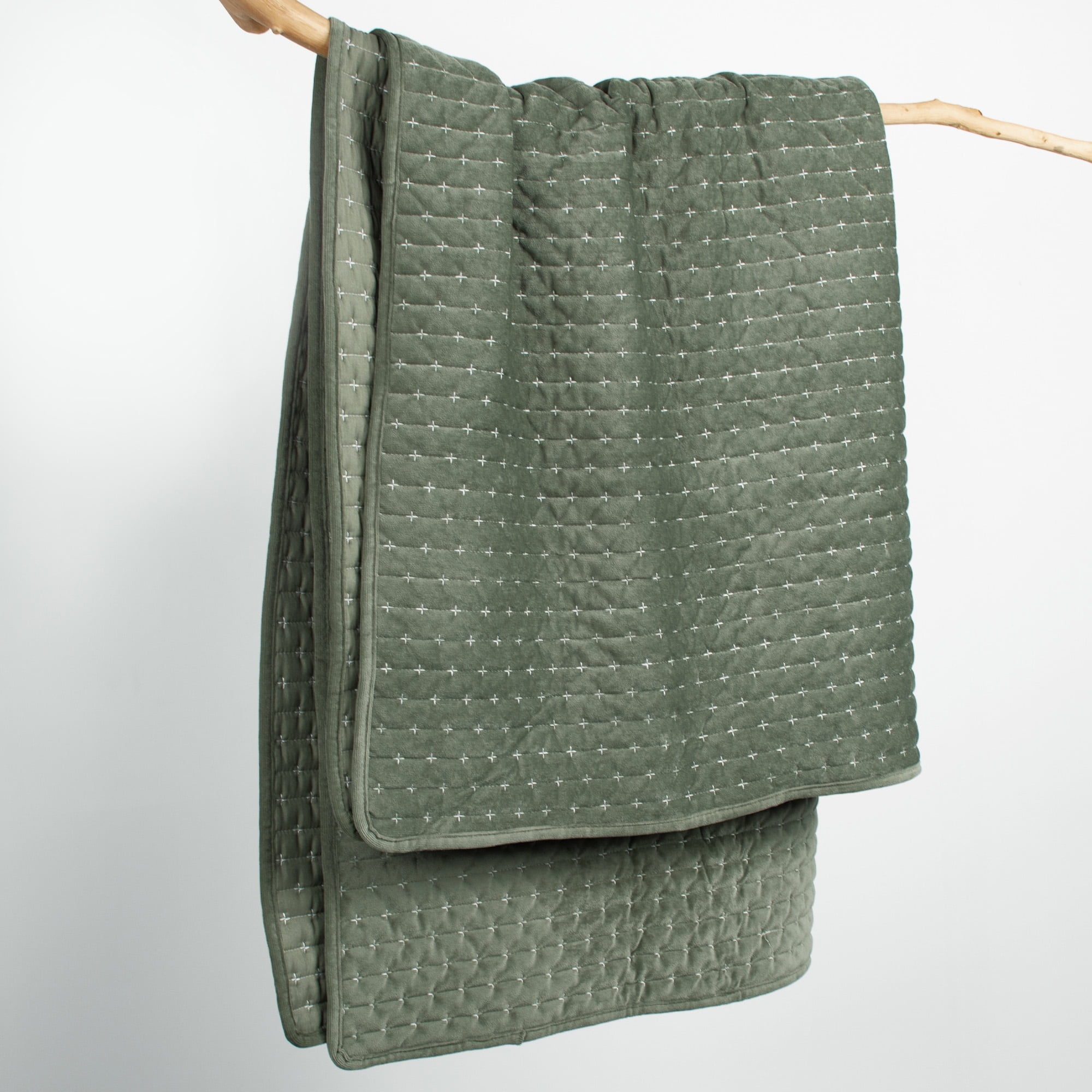 Levtex Home - Velvet Stitch - Throw - Cross Stitch Velvet - Green with White - Quilt (50x60in.) and Sham 50x60in. - Polyester