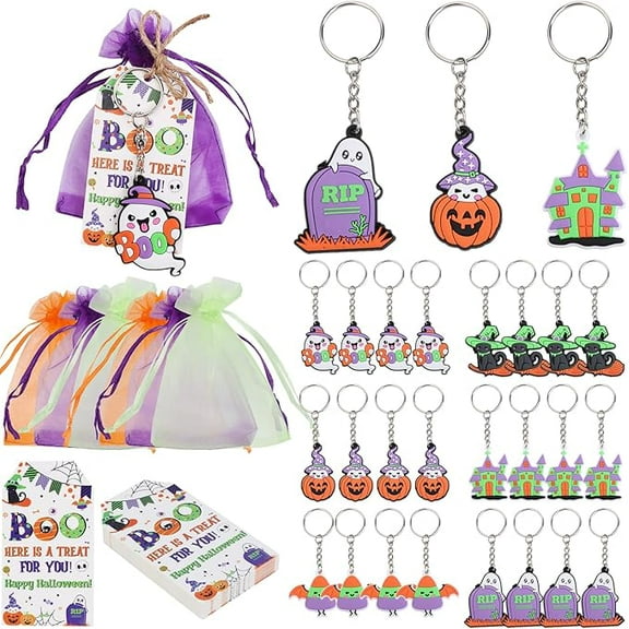 Serencatcher Halloween Baby Shower Decoration, 72pcs Halloween Party Favors Include Halloween Keychains, Thank You Gift Tags Organza Bags for Orange Purple Green Halloween Little Boo Birthday Party