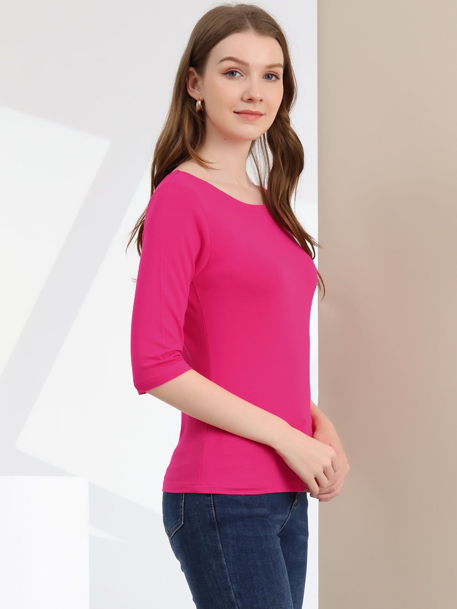 DARING DIVA Women's Elbow Sleeves Boat Neck Slim Fit Classic Tee M Rose Red