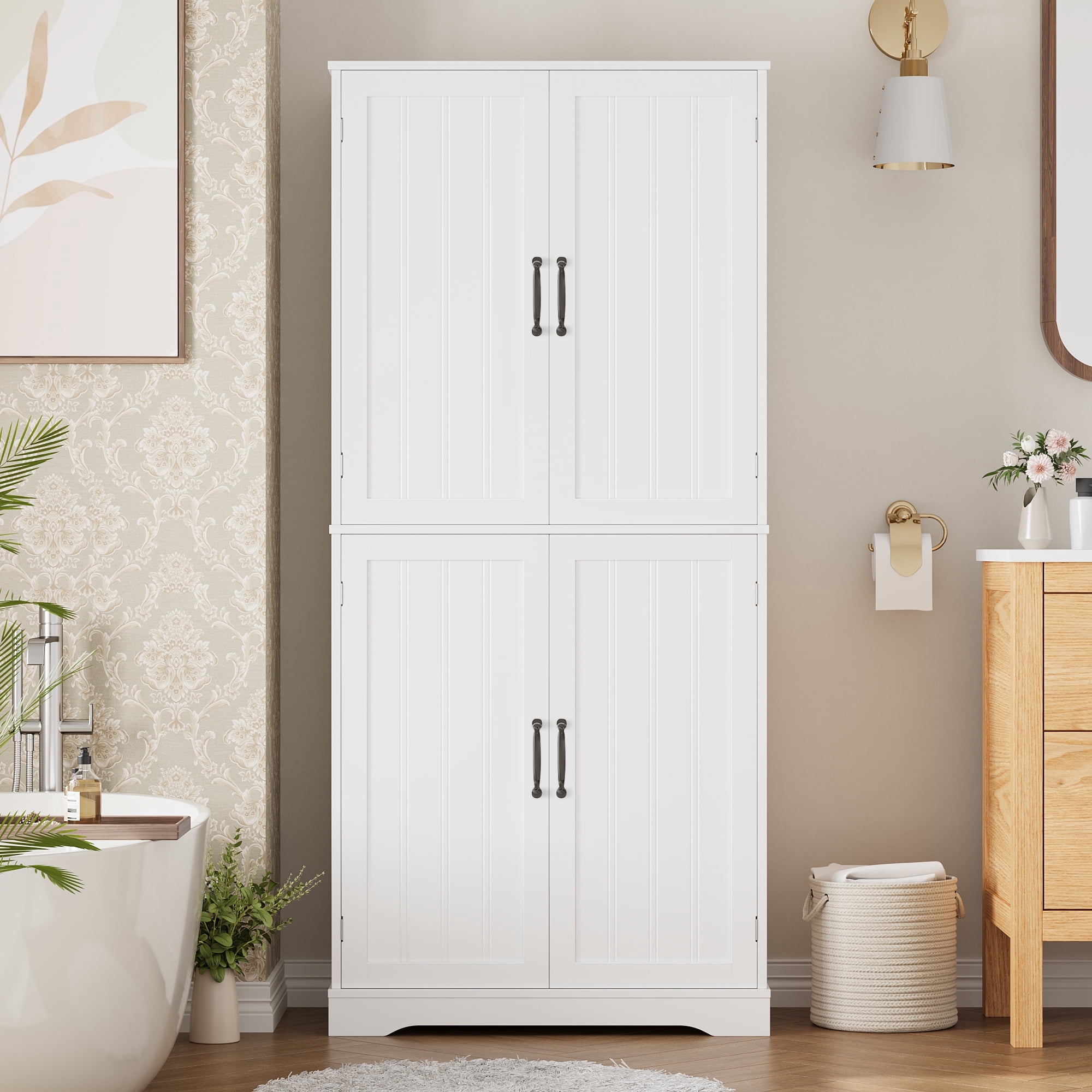 Homfa 71'' Bathroom Cabinet with 6 Storage Shelves, Freestanding Wooden Linen Cabinet for Living Room, Black