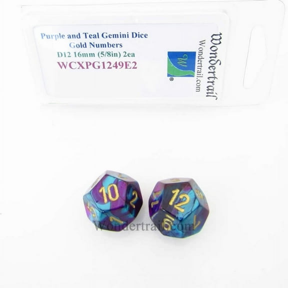 Purple and Teal Gemini Dice with Gold Numbers D12 Aprox 16mm (5/8in) Pack of 2 Wondertrail