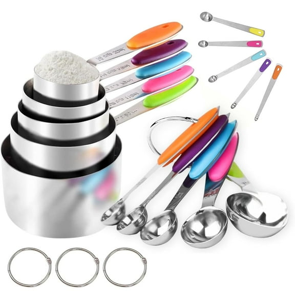 Stainless Steel Measuring Cups and Spoons Set of 15, 5 Stainless Steel Nesting Measuring Cups & 5 Spoons, 5 Mini Measuring Spoons Nesting Metal Measuring Cups Set with Soft Touch Silicone Handle