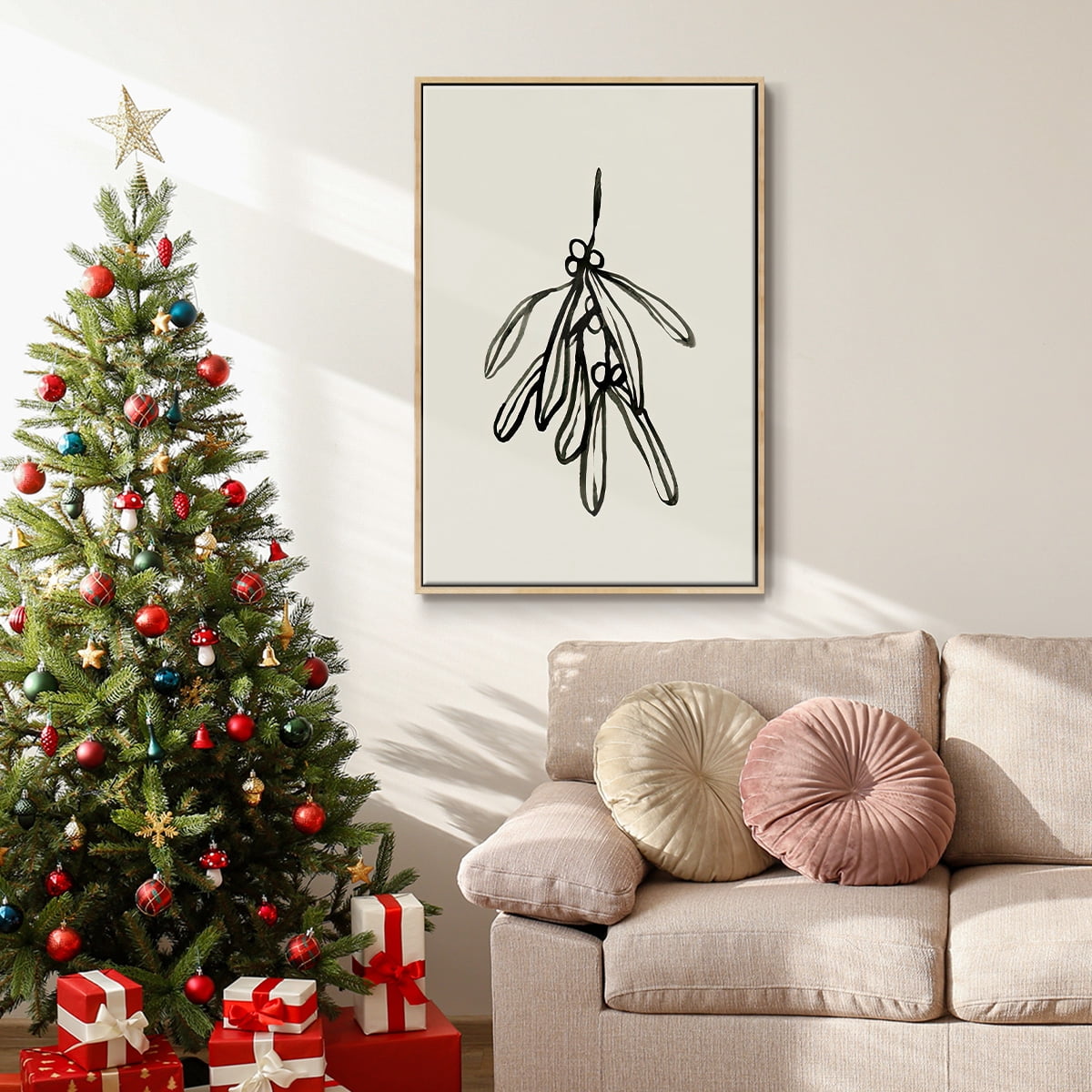 Mistletoe Sketch II - Framed Gallery Wrapped Holiday Canvas - 17 x 25 - Natural Wood Frame