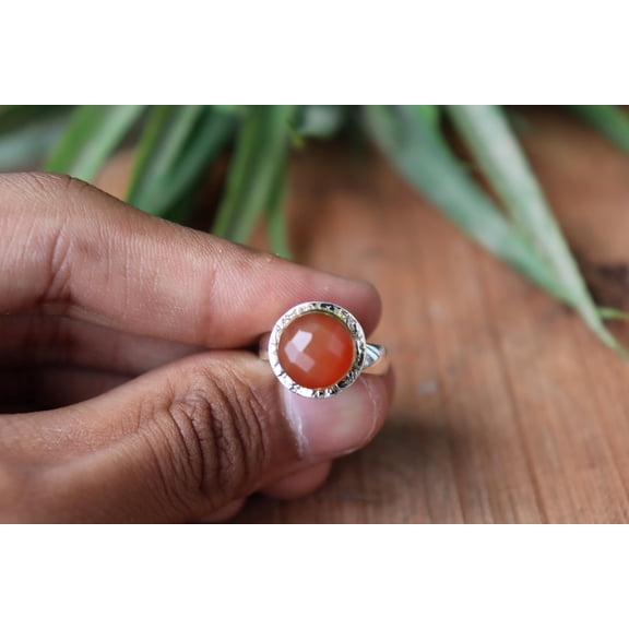 ELANZAA JEWELS- Carnelian Gemstone Ring Natural Round Cut Orange Gemstone in 925 Sterling Silver | Healing Crystal Jewelry Gift