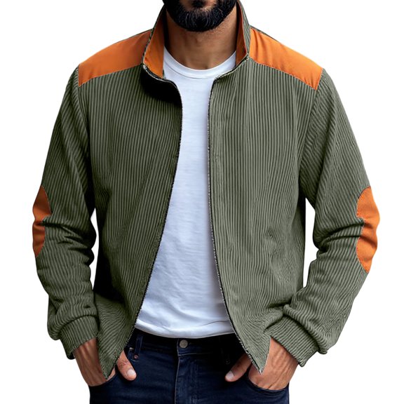 Men's Vintage Corduroy Baseball Jacket - Stand Collar Zip-Up Colorblock Loose-Fit, Army Green, L