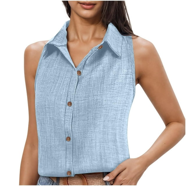 Besolor Women's Summer Tank Tops Collared Sleeveless Button down Shirts Casual Loose Work Business Blouse