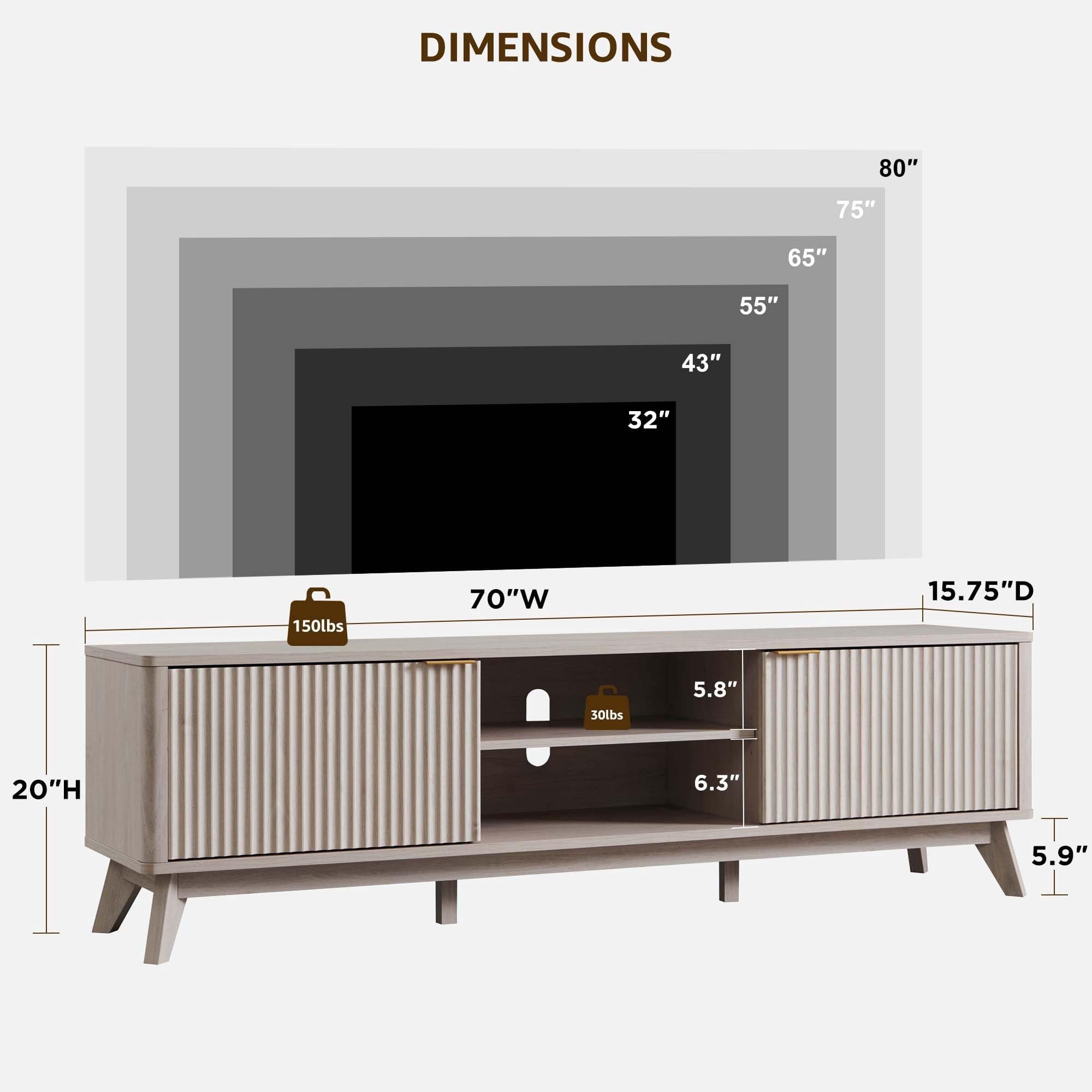 OKD 70" Modern Farmhouse TV Stand with 2 Soft Close Door, Fluted Entertainment Center Console Table, Media Furniture for Living Room, Alder White