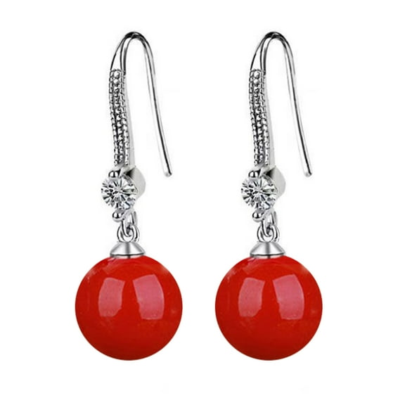 Grandest Birch 1 Pair Women Earrings Imitation Pearl Shiny Rhinestone Good Workmanship Drop Earrings for Banquet Alloy,Bead Red