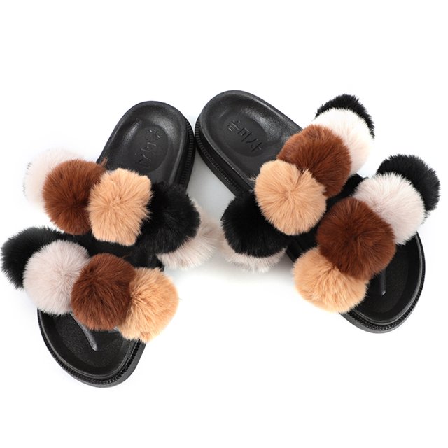 Women Furry Slippers Fashion Pom Pom Ball Faux Fur Slippers Fluffy Sandals