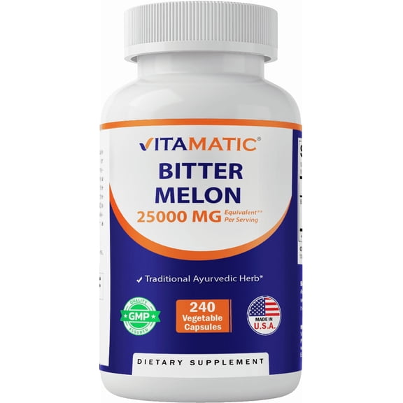 Vitamatic Bitter Melon 25:1 Extract, 25000mg Equivalent Strength Per Serving, 240 Vegetarian Capsules, and Concentrated 25X Potency 100% Vegetarian, All-Natural and Non-GMO
