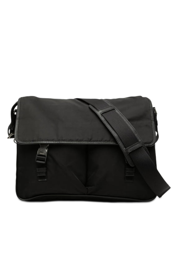 Pre-Owned Prada Triangle Logo Plate Shoulder Bag Messenger Black Nylon Saffiano Leather Women's...