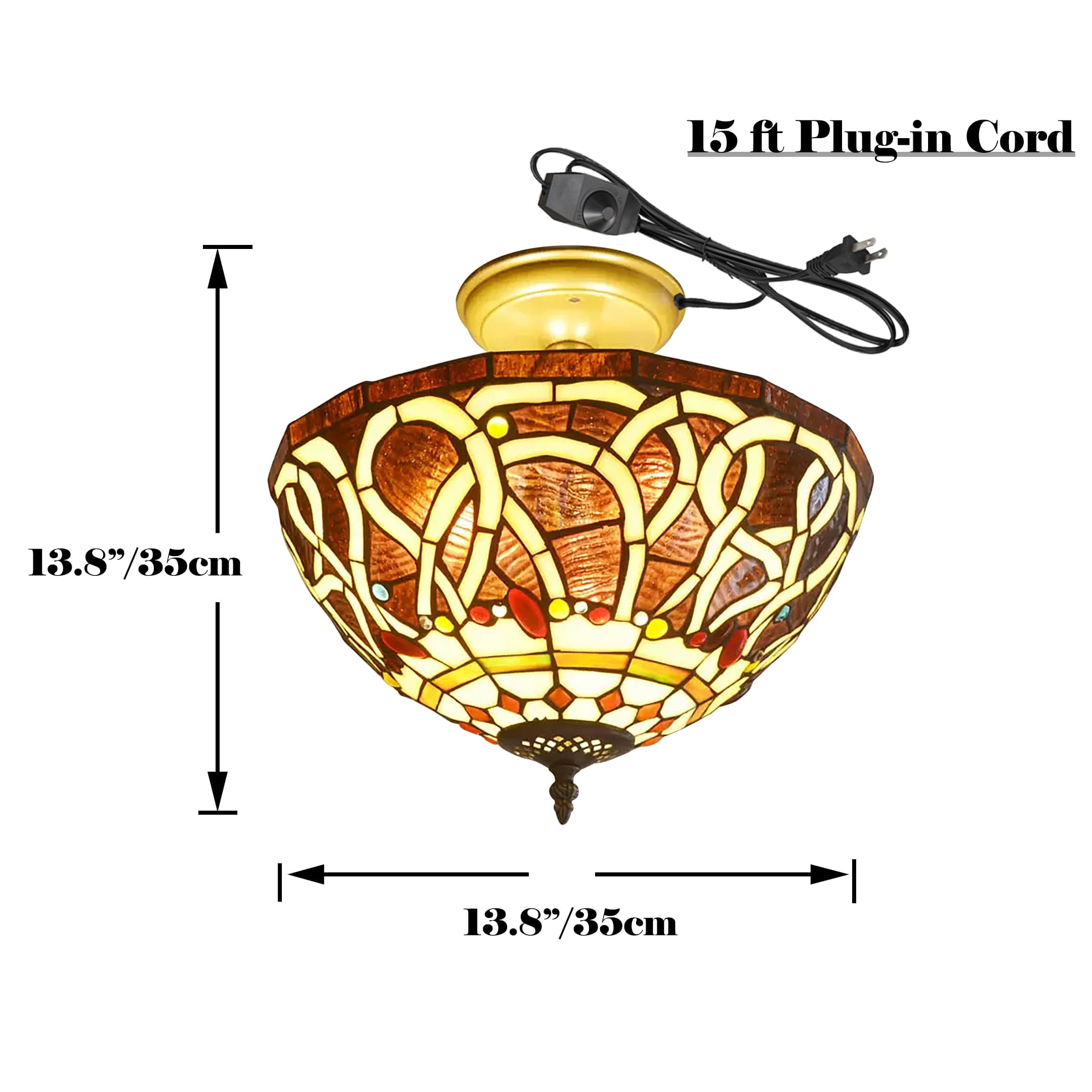 Kiven 13.8in Flush Mount Ceiling Light Fixture Dimmable, 3-Light Anti Glare Close to Ceiling Light with 15FT Plug-in Cord, Tiffany-Style Glass Chandelier for Bedroom Kitchen Hallway(No.3201)