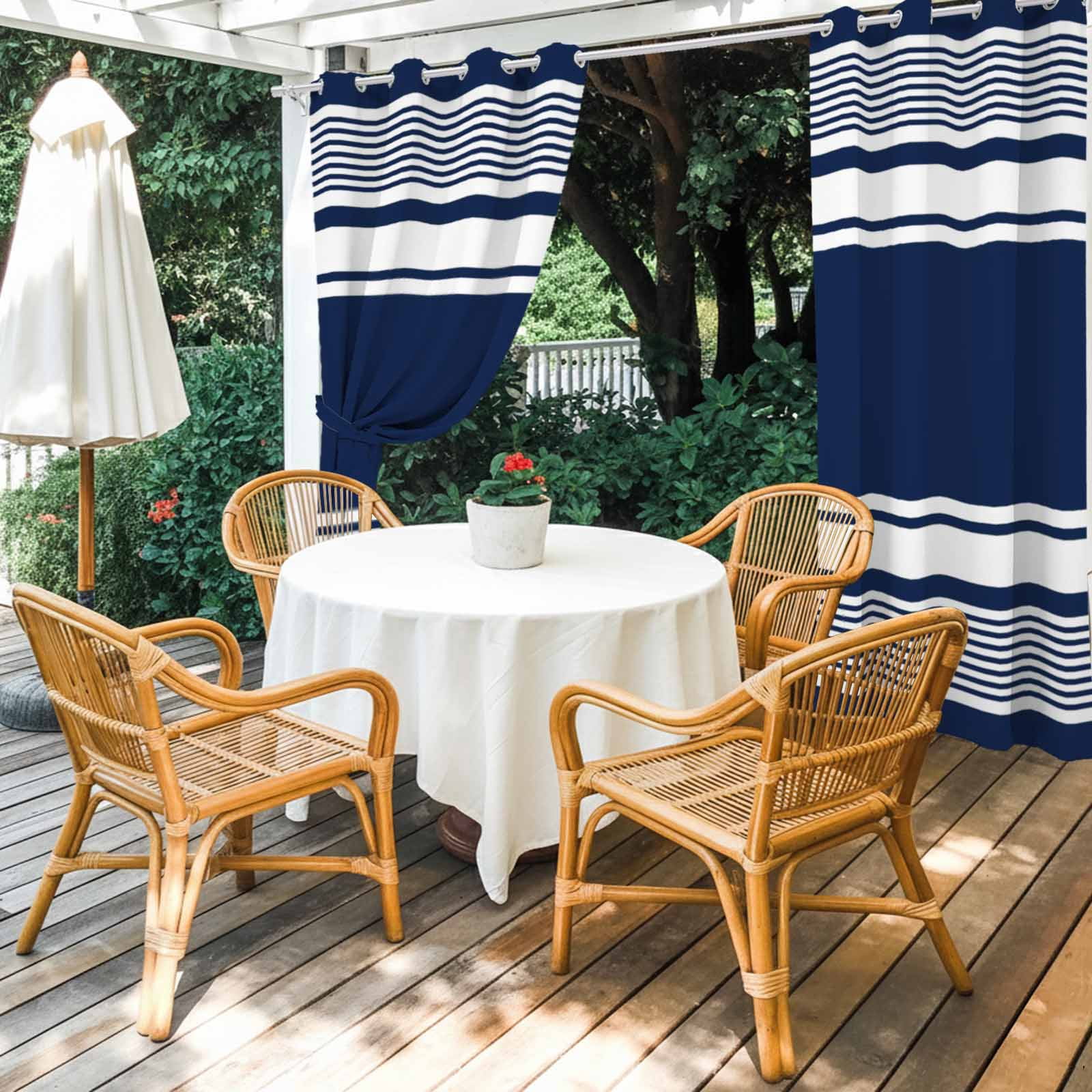 Navy Sage Striped Outdoor Curtains for Patio, Modern Classic Stripe Rustic Country Farmhouse Sunshade Privacy Drapes Grommet Waterproof Outside Curtains for Porch/Cabana/Balcony 54"x 95", 2 Panel