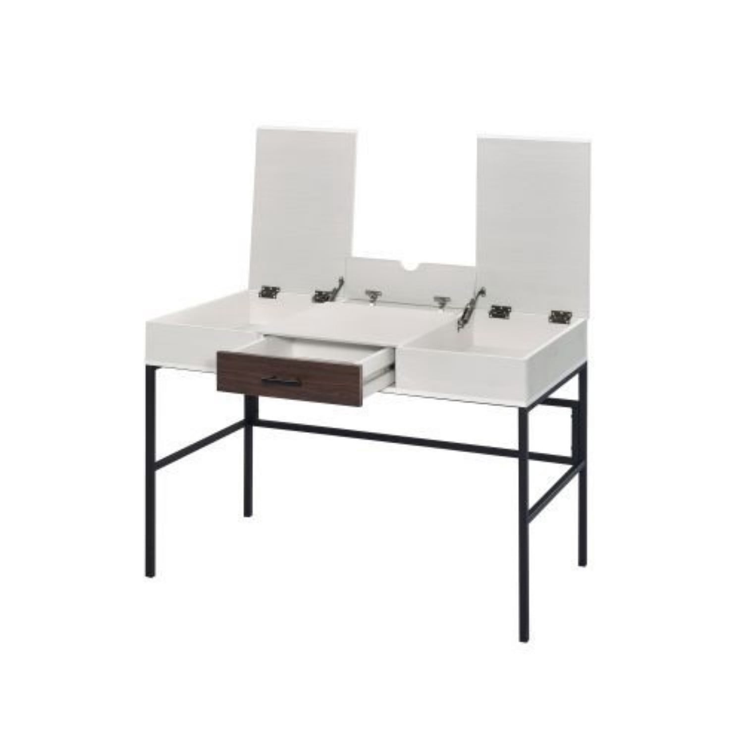 43" Modern Writing Desk with USB Charging Port, Natural & Black Computer Desk with Storage Drawer, Metal Base Office Desk with Side Shelves, Rectangular Study Table for Home Office