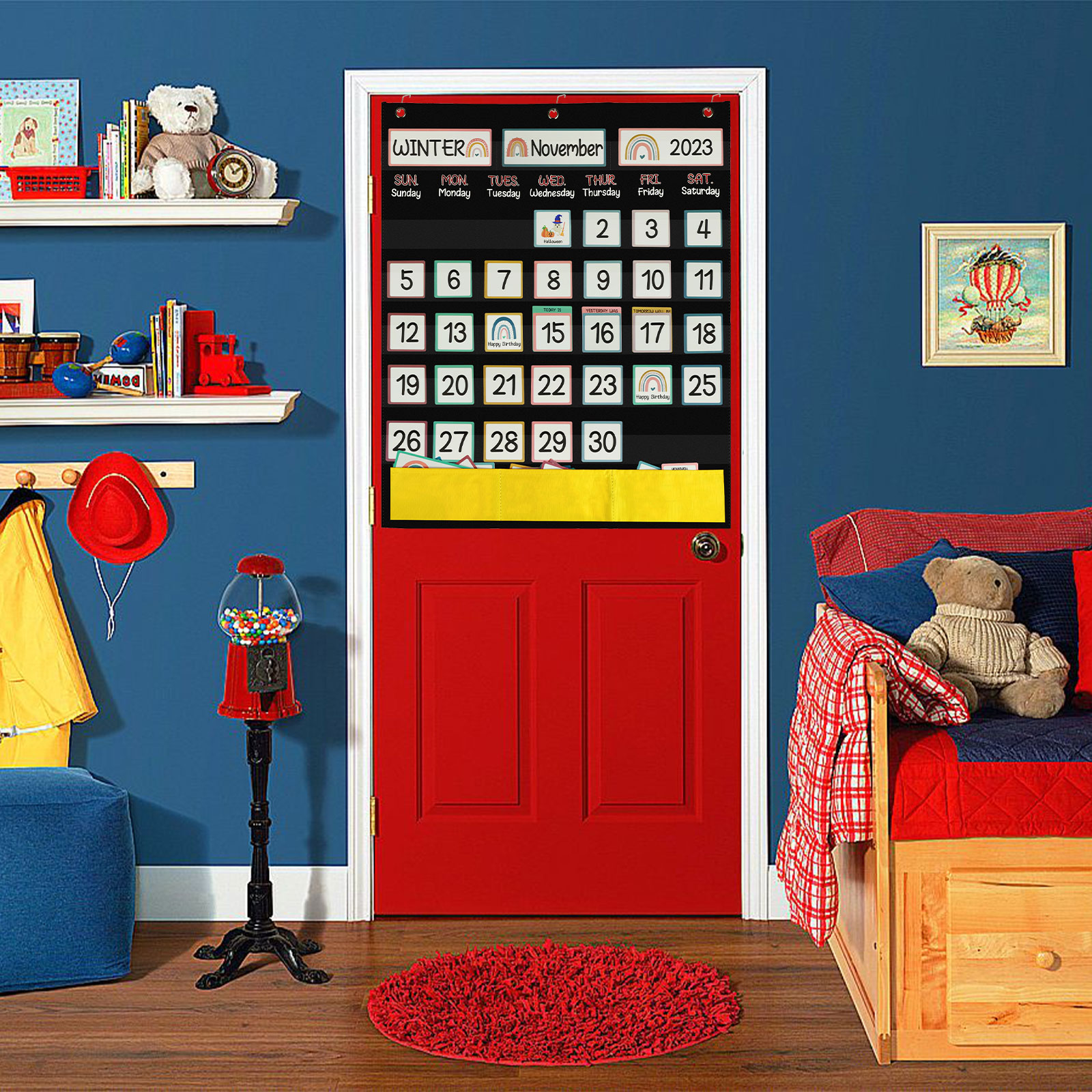 Tableau Calendrier De Classe - 25x24 Pouces (63.5x61 Cm) - 104 Cartes Incluses - Poches PVC - Crochets De Suspension