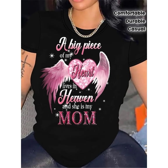 Women's A Big Piece Of My Heart Lives In Heaven She Is My Mom Graphic T-Shirt Pink Angel Wings Memorial Heart Print Short Sleeve Casual Tee